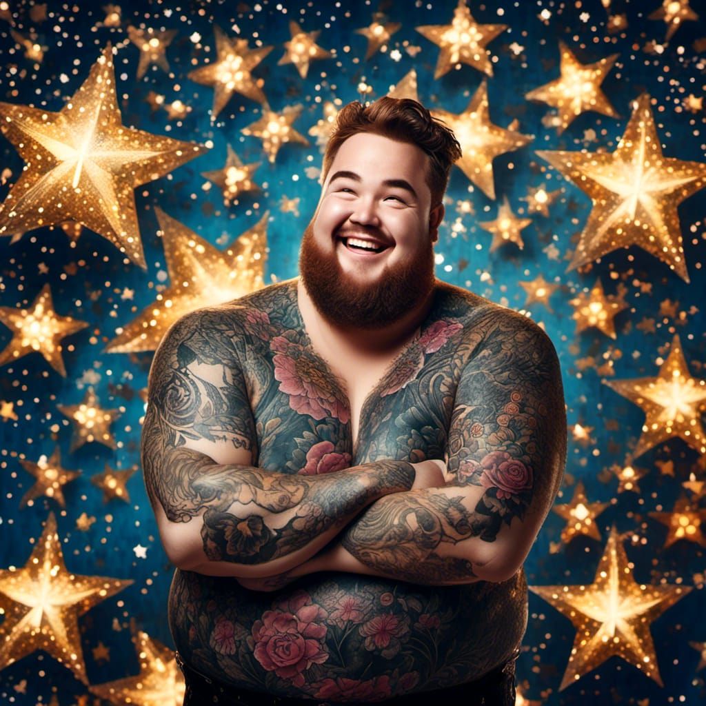 Joyful Tattooed Man with Sparkling Star Background