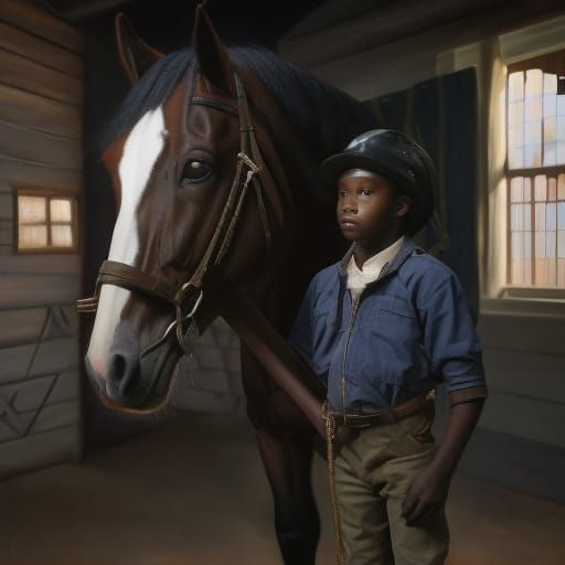 african-american stable boy with horse, inside stable, in th...