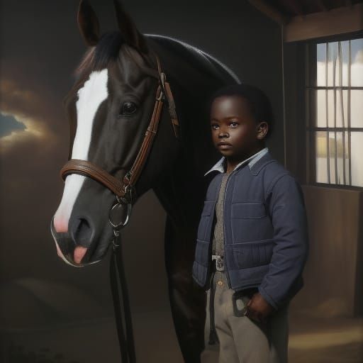 african-american stable boy with horse, inside stable, in th...