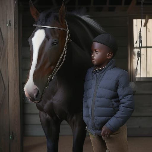 african-american stable boy with horse, inside stable, in th...