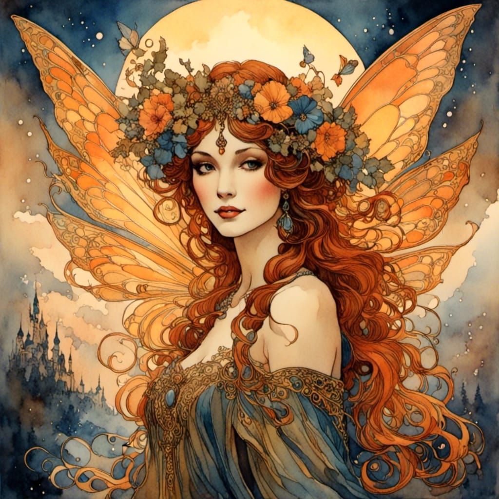A portrait of a beautiful fairy at sunset, in the style of <lora:Illustration:1.2>