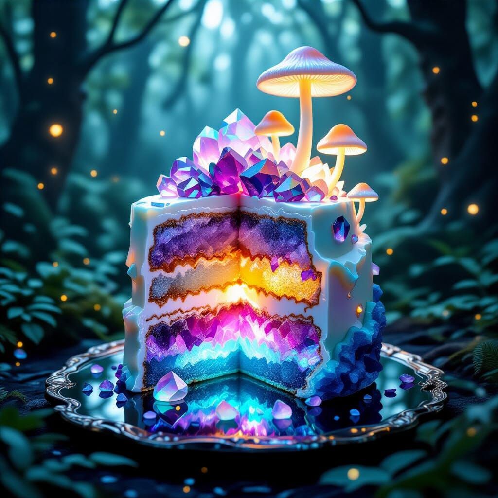 A luxurious slice of layered cake sculpted from geode crystal formations: shimmering amethyst and rose ...  by @M Harris