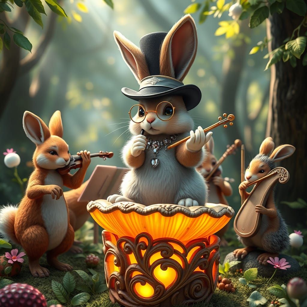 A charming, fluffy bunny in a stylish top hat, complete with a monocle and white gloves, stands atop ...  by @Jesko 