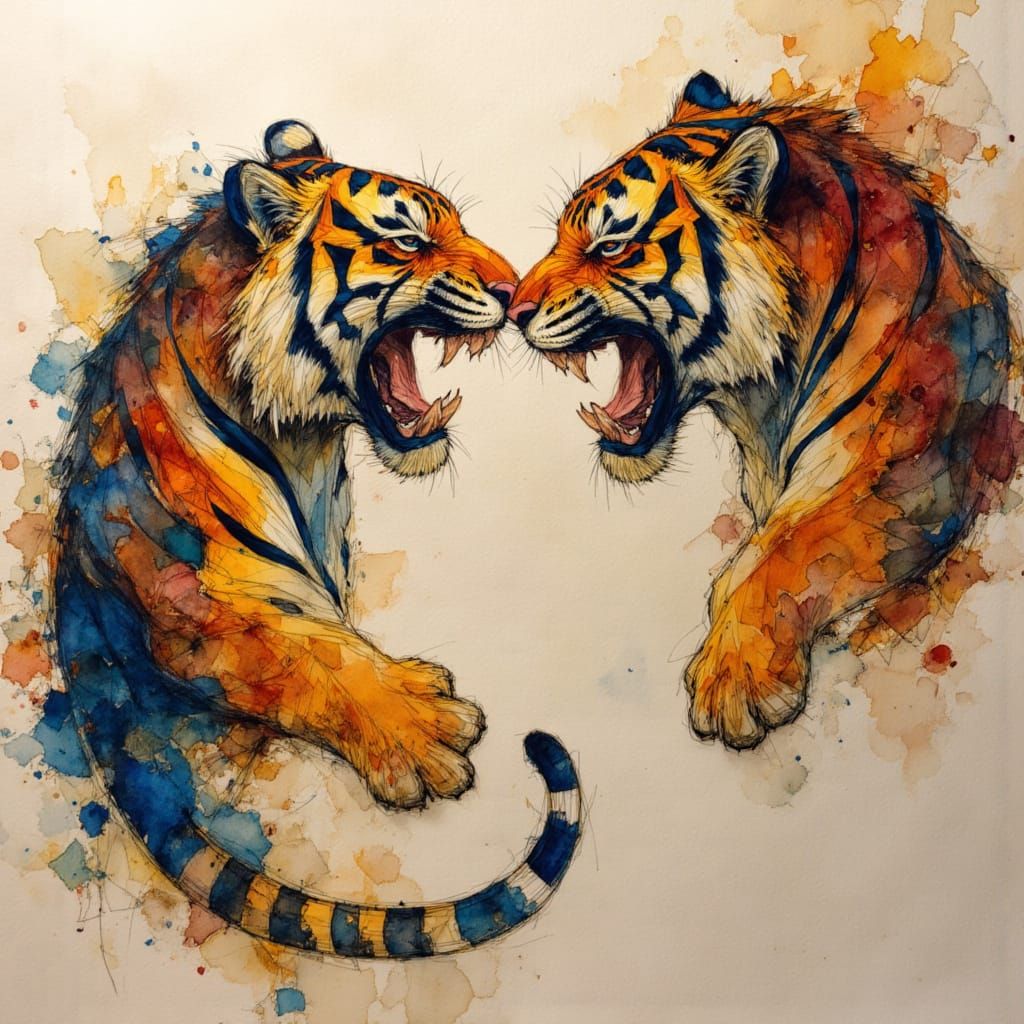 Two tigers fighting, paper quilling style, tamari thread style, wayang art style <lora:Earth and wash:1.0>