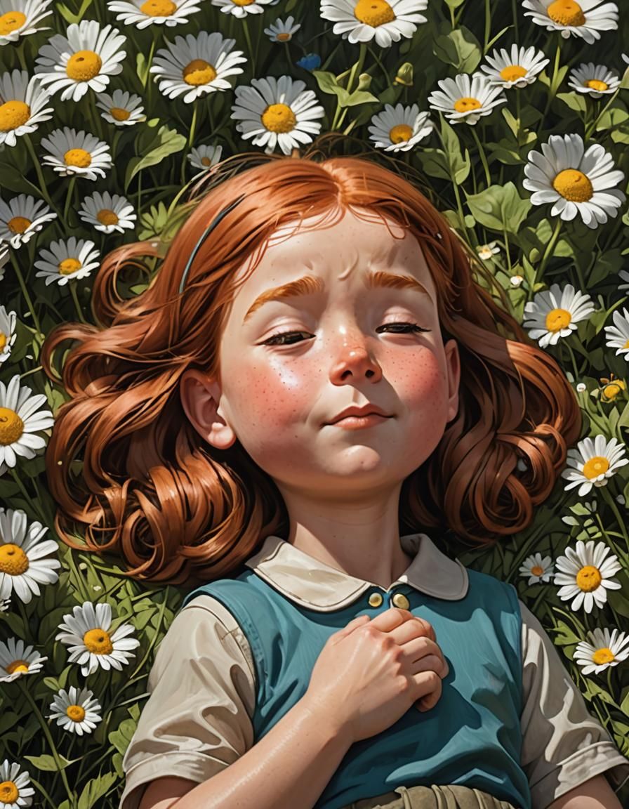 A little girl fell asleep in a field of flowers