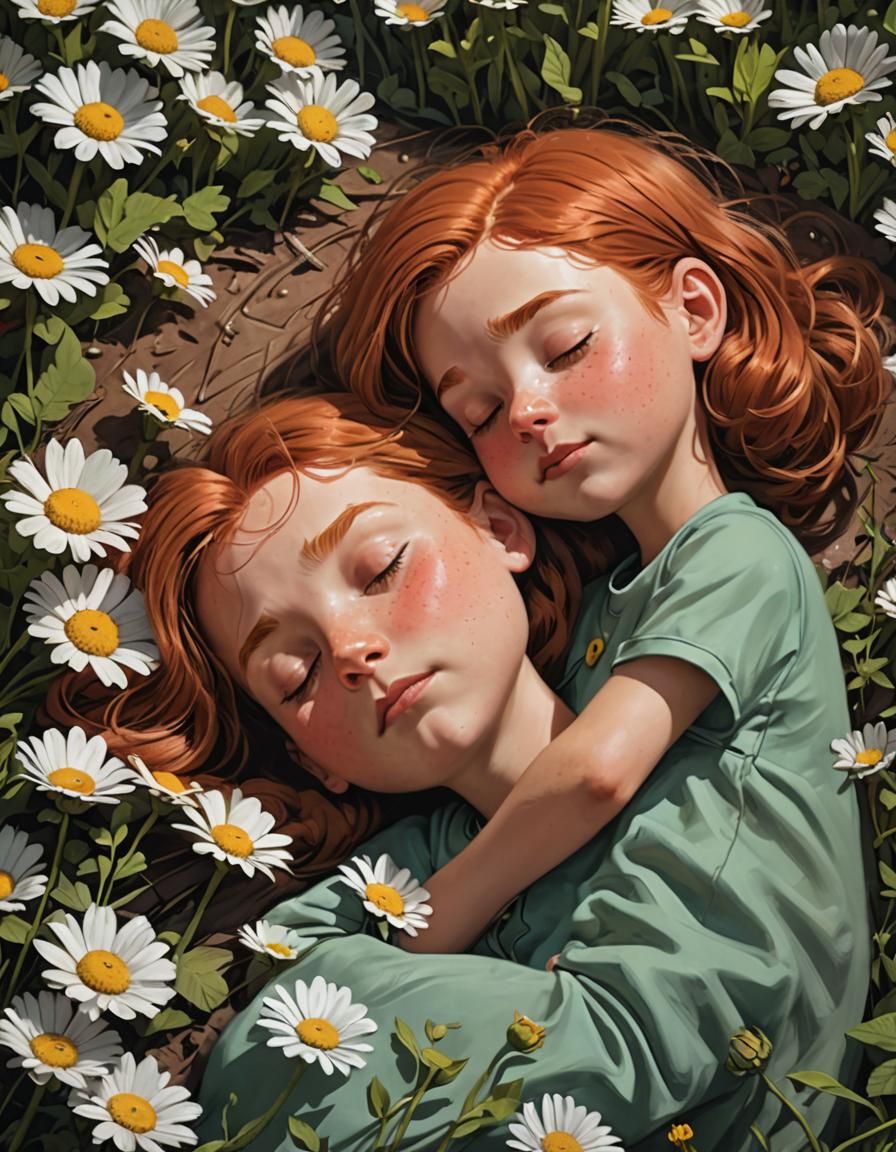A little girl fell asleep in a field of flowers, tired from ...