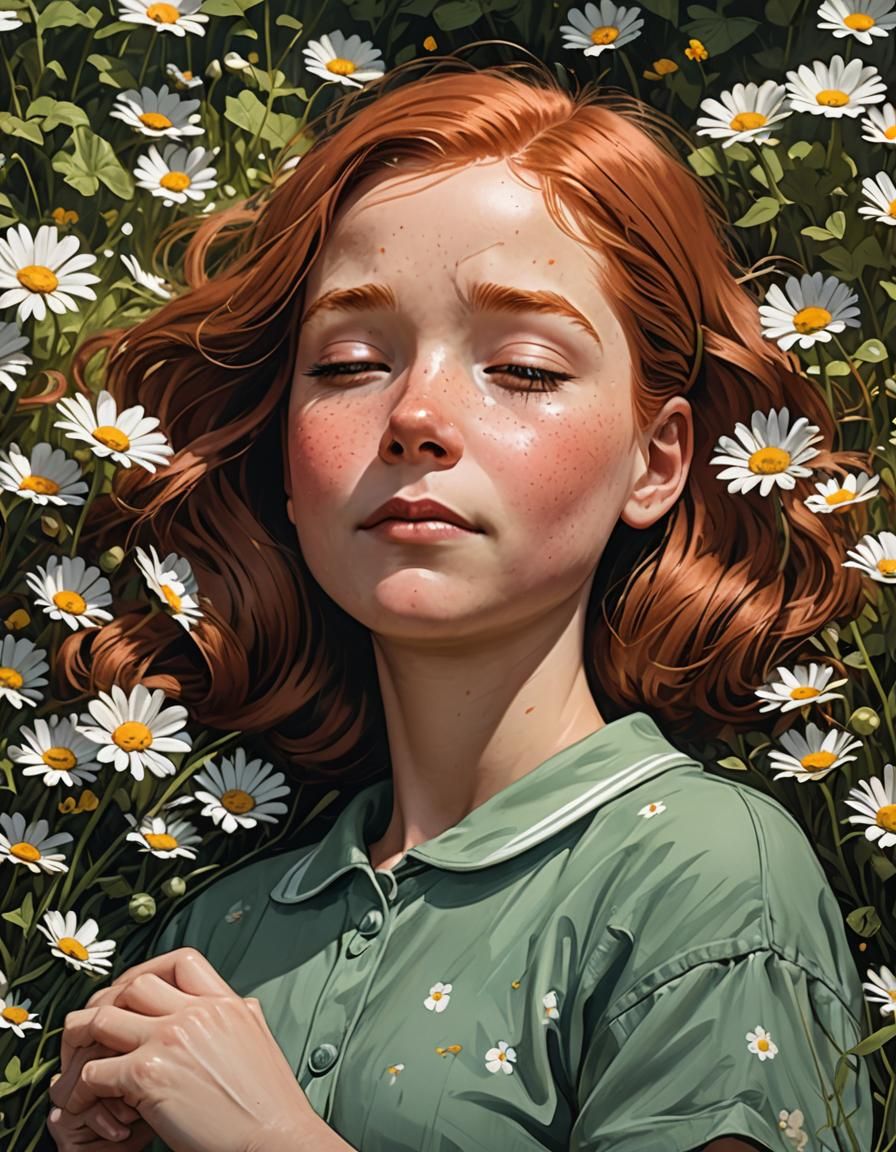 A little girl fell asleep in a field of flowers
