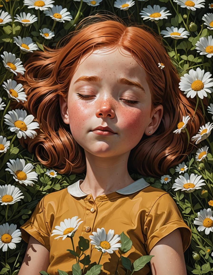 A little girl fell asleep in a field of flowers