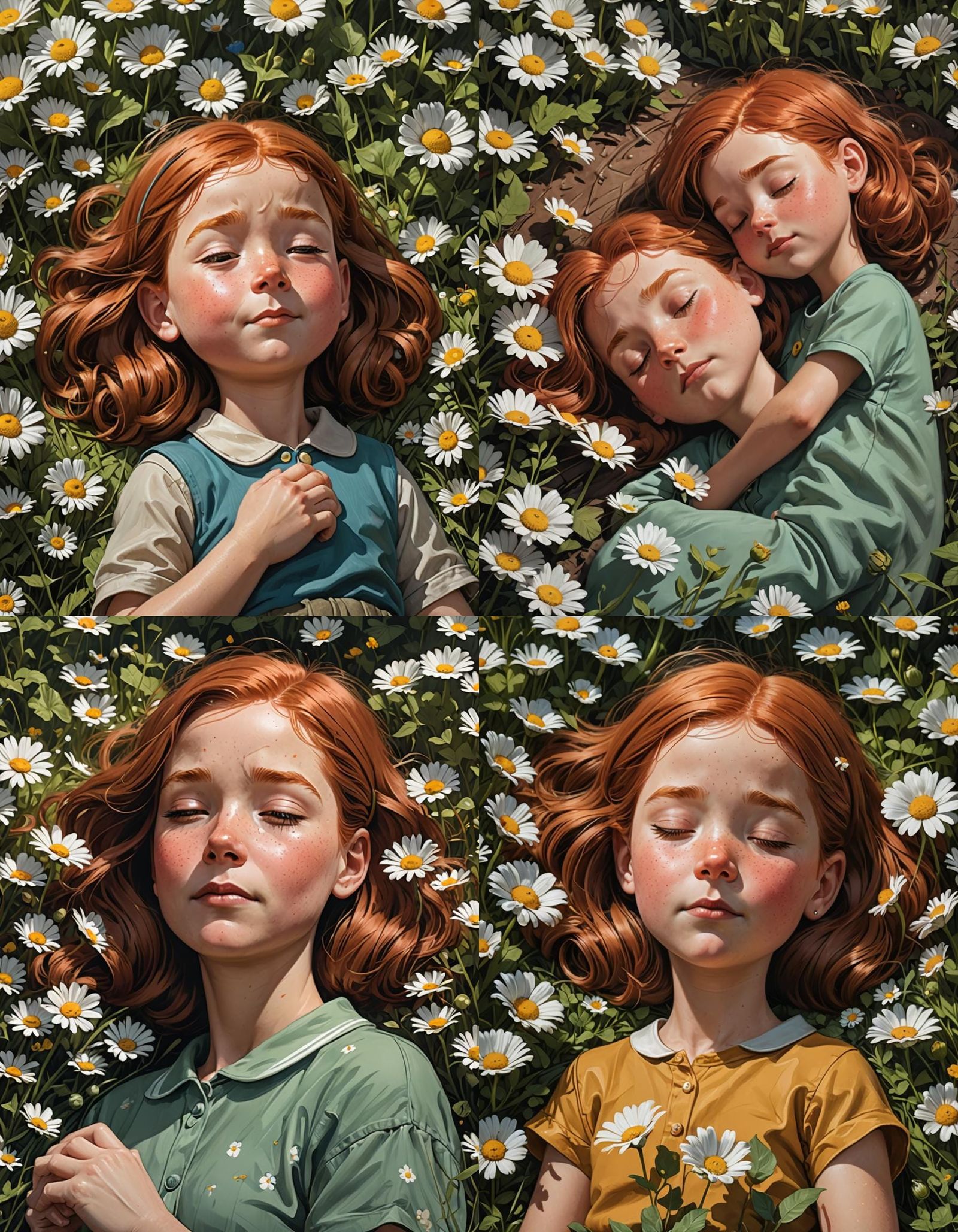 A little girl fell asleep in a field of flowers