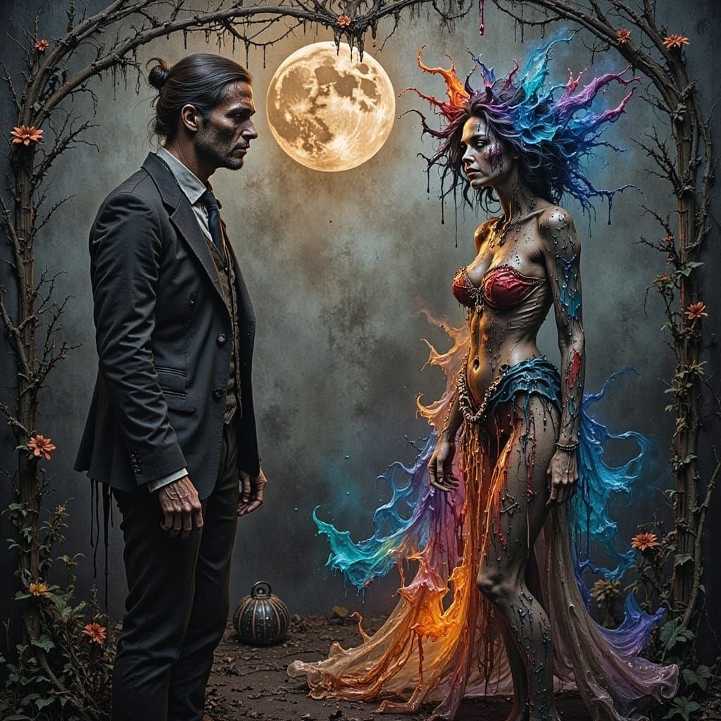 3d stained glass crinkled metalics of [A solemn man with a weathered, introspective expression stands in a dull, grayscale world, surrounded...