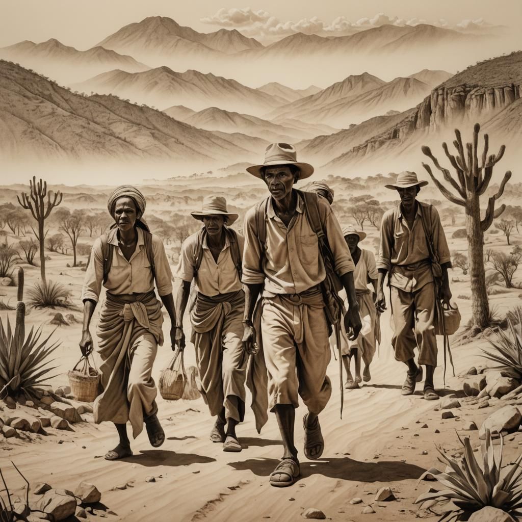 Sepia Pencil Drawing of Migrants Fleeing Drought