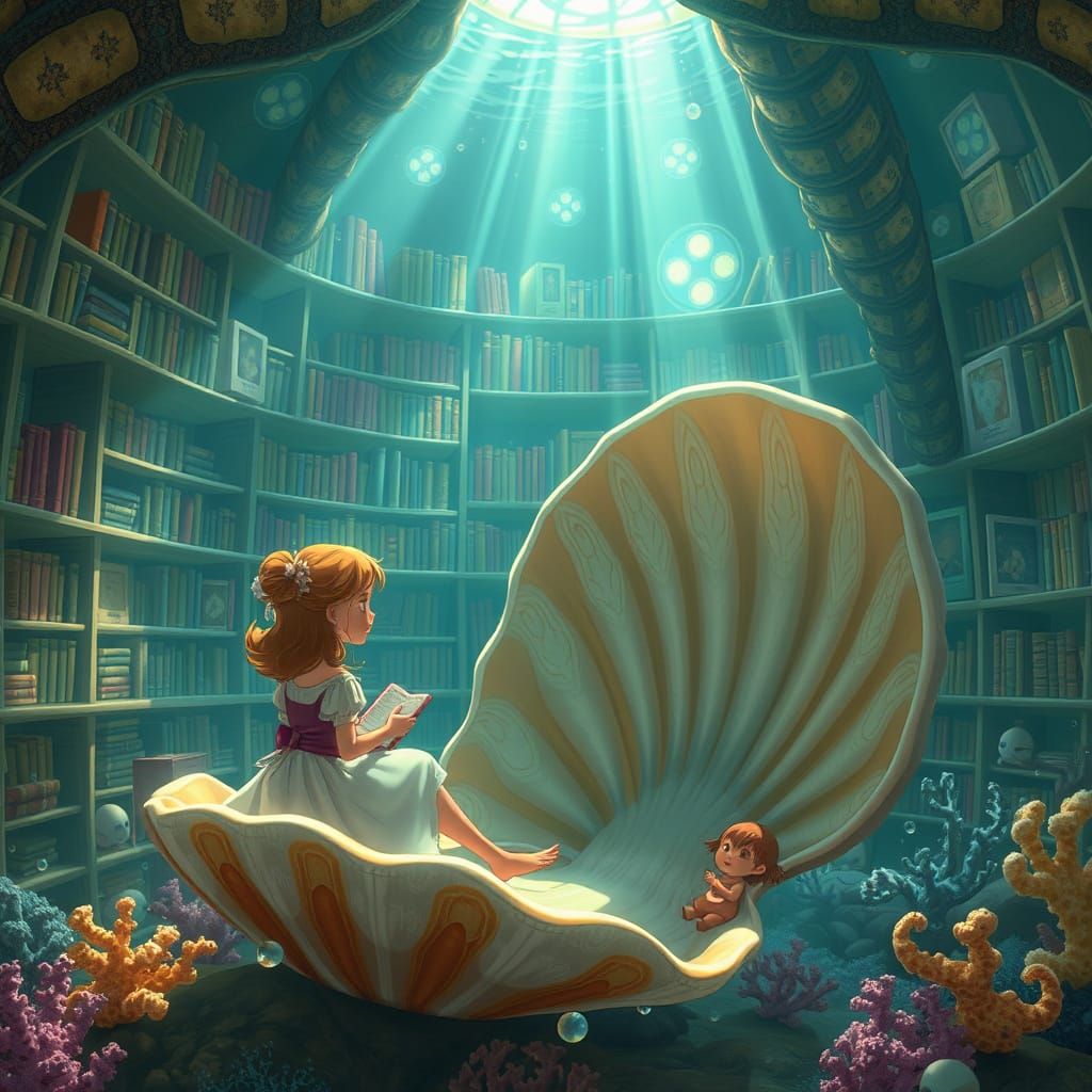 Underwater Library: Art Nouveau Meets Ghibli