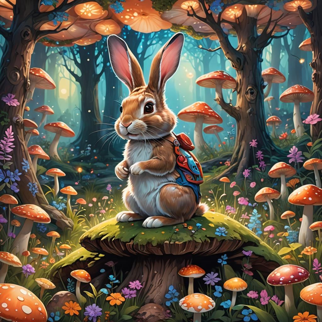 Whimsical Rabbit on Mushroom in Fantasy Forest