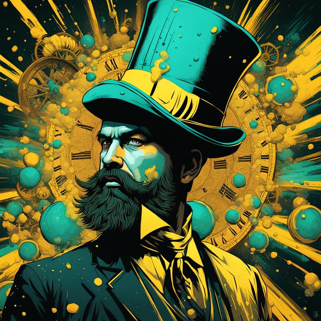 Large explosion in background. Teal, yellow, black tei colou...