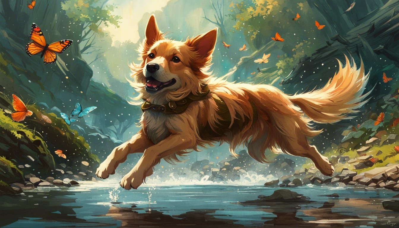 Puppy Plays with Butterflies - AI Generated Artwork - NightCafe Creator