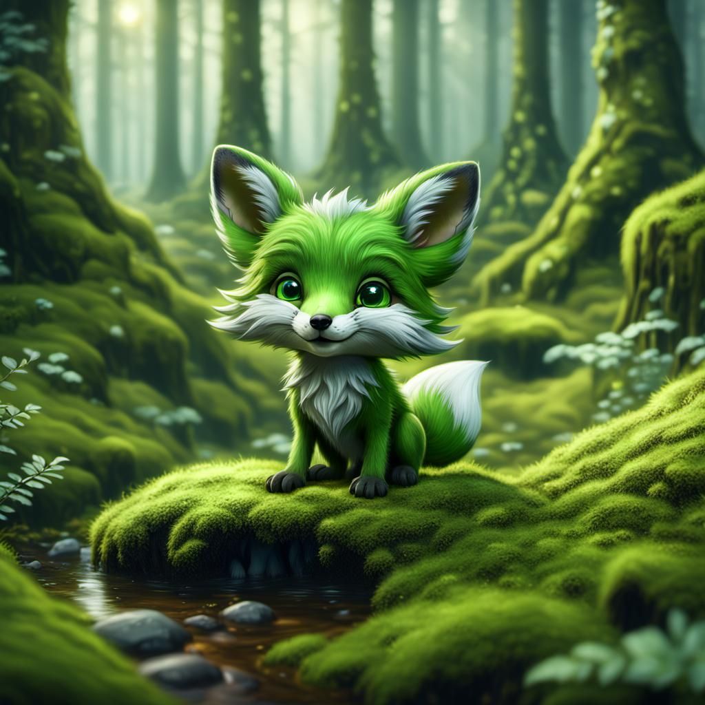 cute green baby fox in a beautiful mossy forrest landscape - AI ...