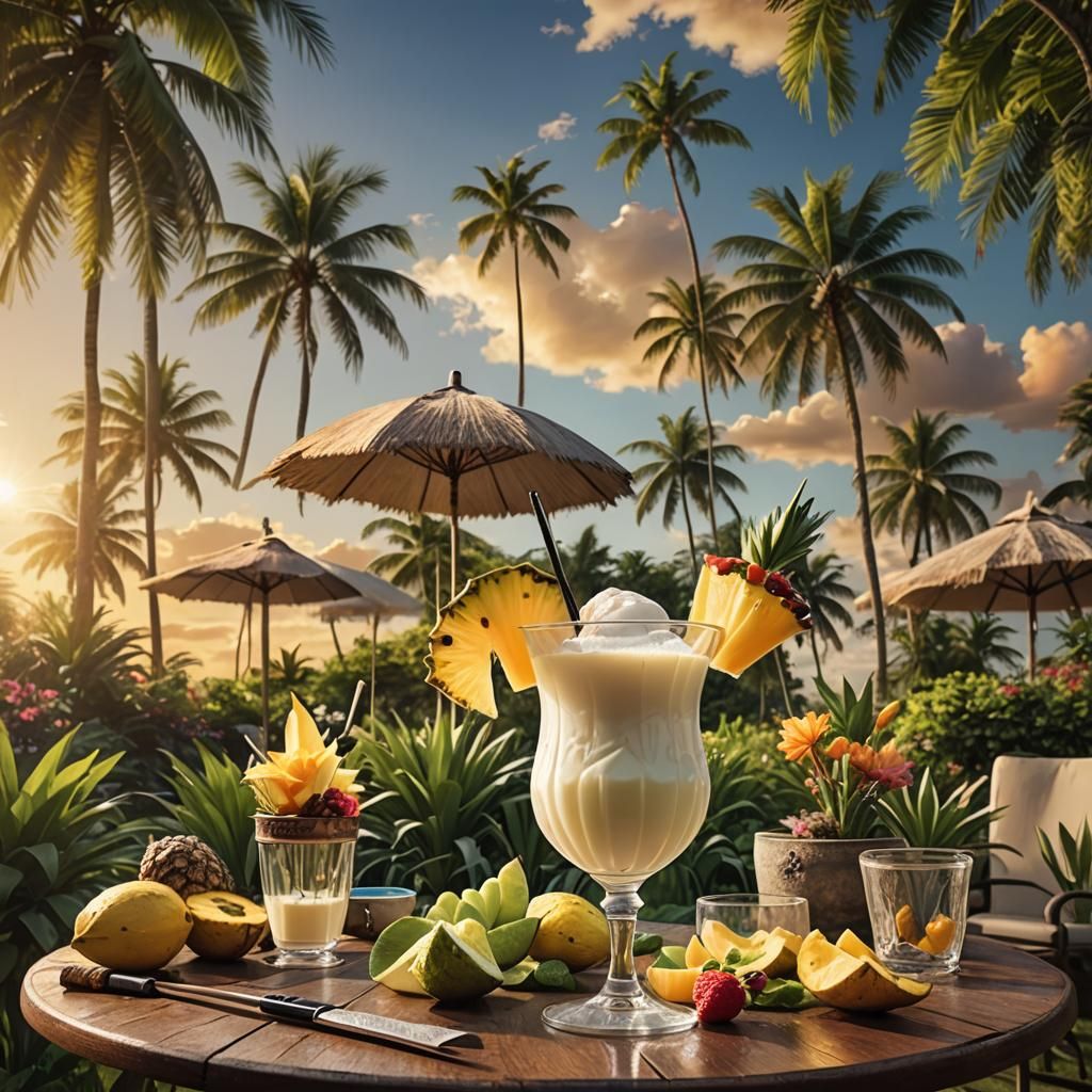 Pina colada Cocktail glass on table in beautiful garden suns...