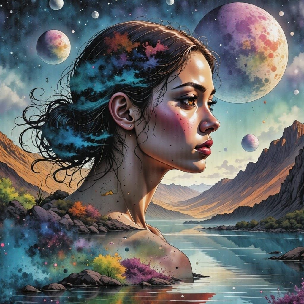Double exposure. Side profile portrait of a beautiful woman. a colorful alien planet with huge moons reflected in the water in the valley <l...