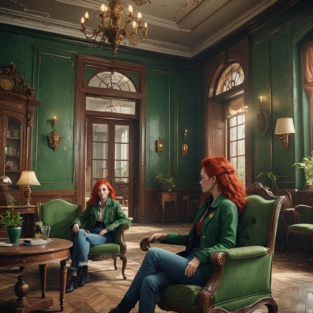 a room old hotel broken doors old furniture and a woman youn...