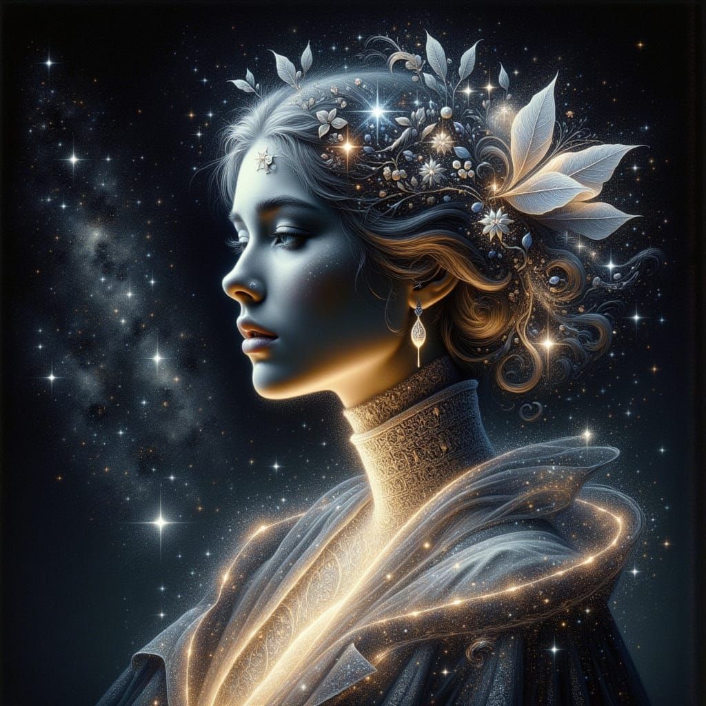 <lora:mystery:1.0> translucent Silvetta portrait through which the starry sky shines through