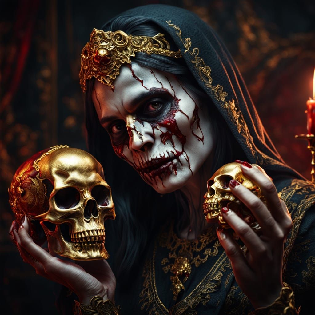 Woman with Golden Skull in Blood: Dark Fantasy Art
