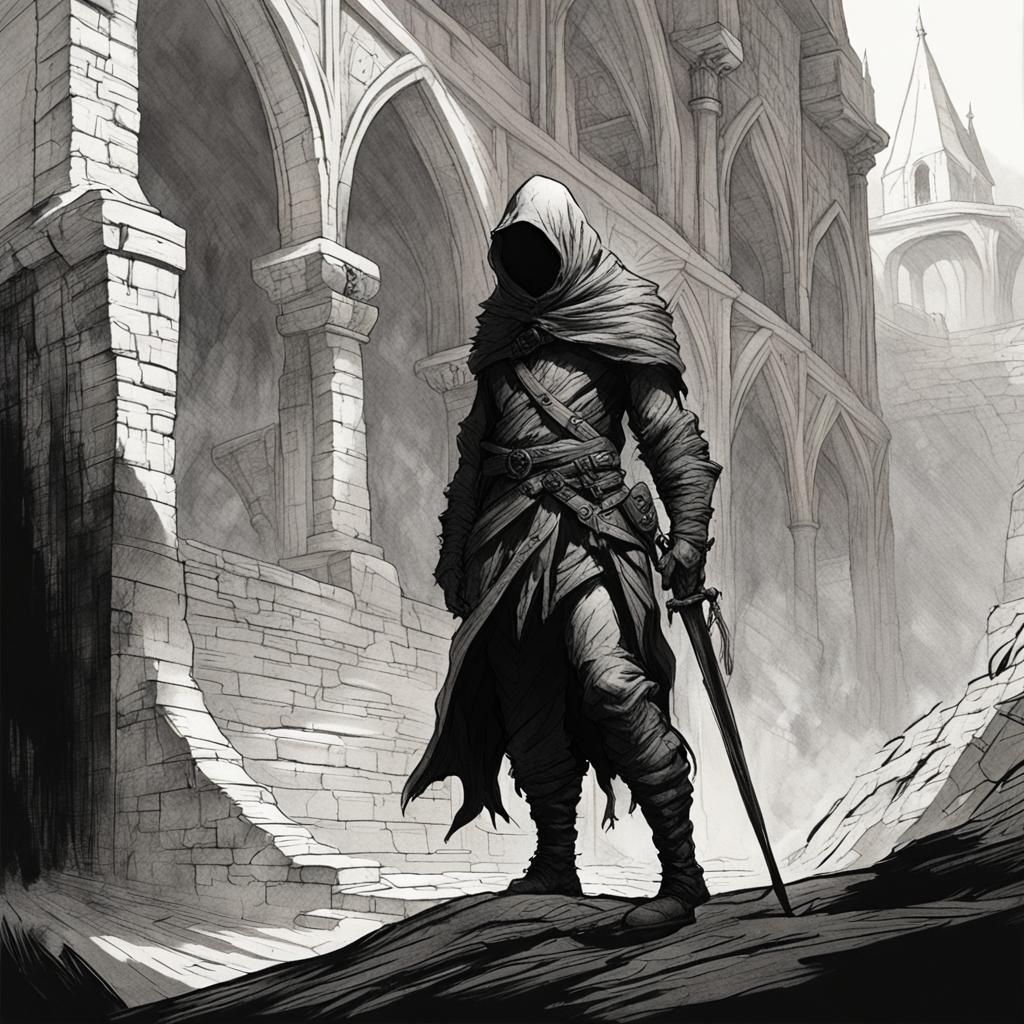 simple drawing of an assassin hiding in the shadows, black a...