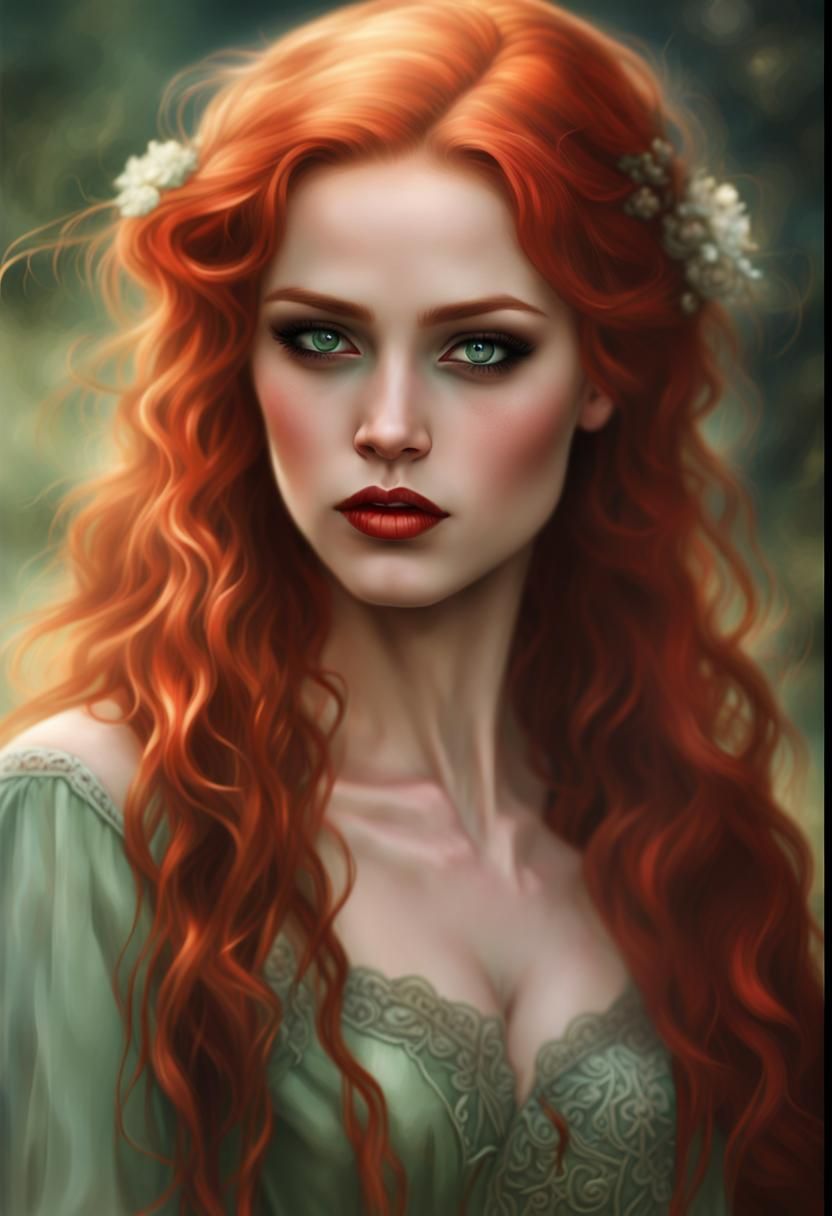 Beautiful pale skinned teen princess goddess with long wavy auburn hair ...