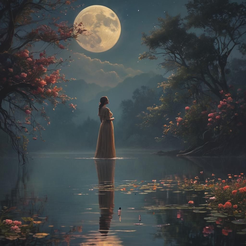 Surreal Woman on Misty Lake Shore in Oil Painting