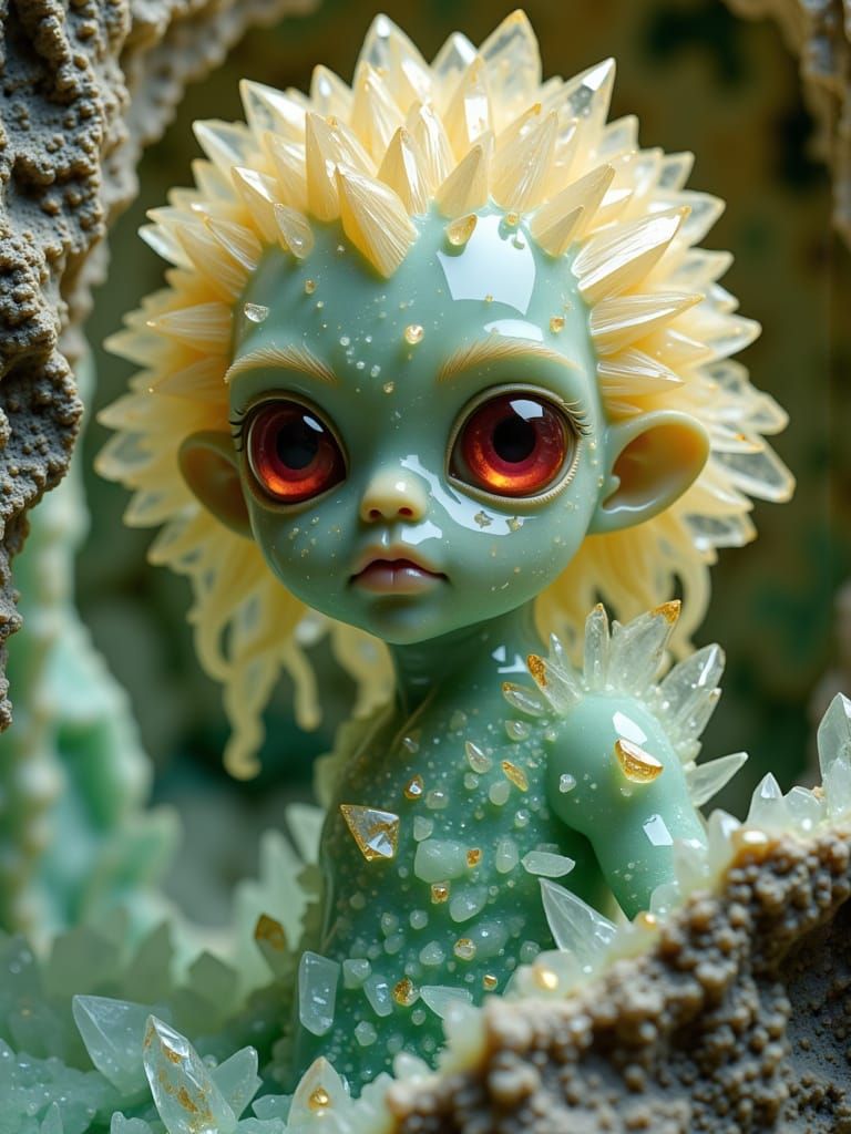 A portrait of a <lora:Rocks and Minerals:1.0> young alien man with pale gold hair made of very fine, iridescent filaments. His skin, includi...