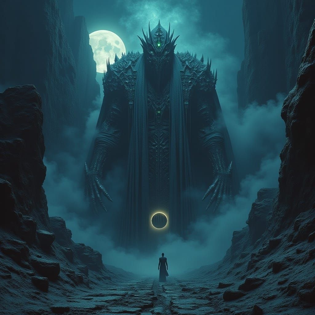 <lora:Sentinels:1.0> eerie king carved out of rock, night flat, color graded light dust maximalist hyperexpansive detailed hyperreal rock f...