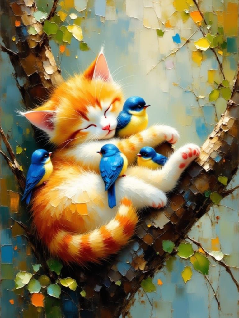 Fluffy Kitten Sleeps With Birds in Tree