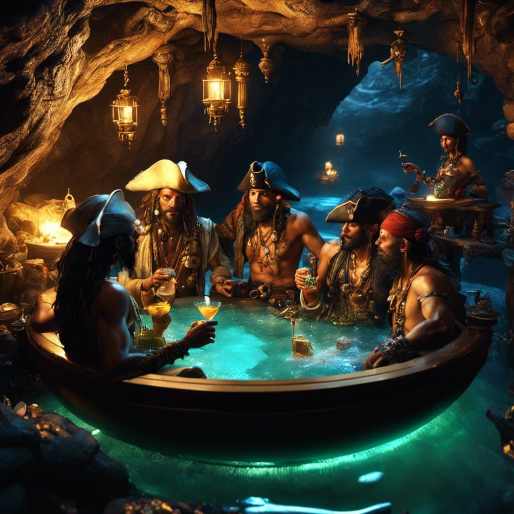 pirates lounging in a hot tub drinking cocktails , in a cave...