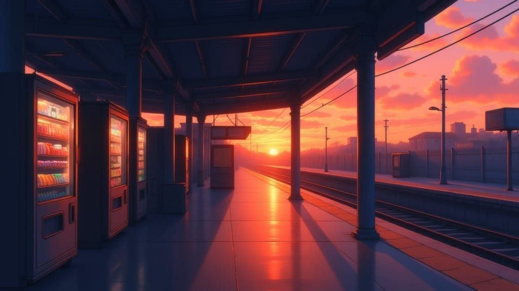 empty train station at sunset, long shadows cast by pillars, vending machines glowing faintly, anime lofi background art, warm color palette...
