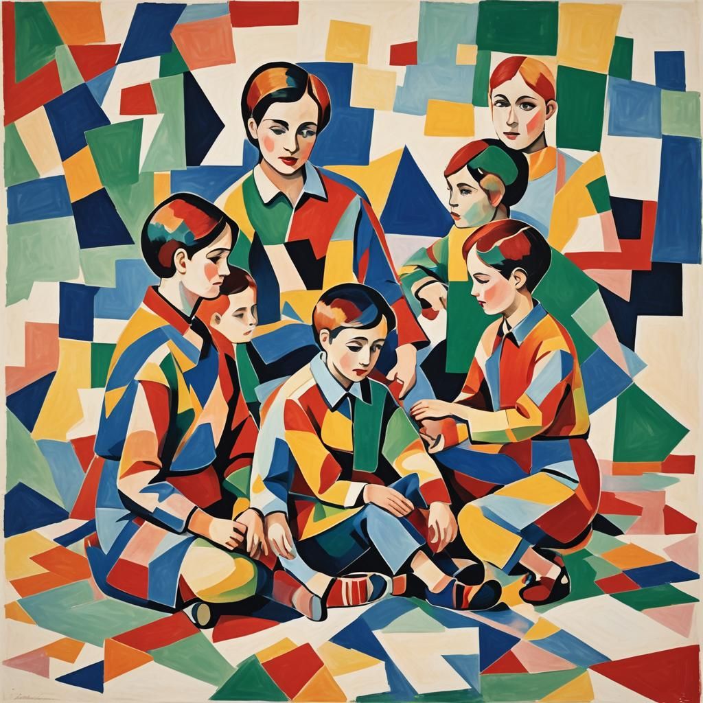 Minimalism kids, cubism kids, kids sitting, kids playing, as...