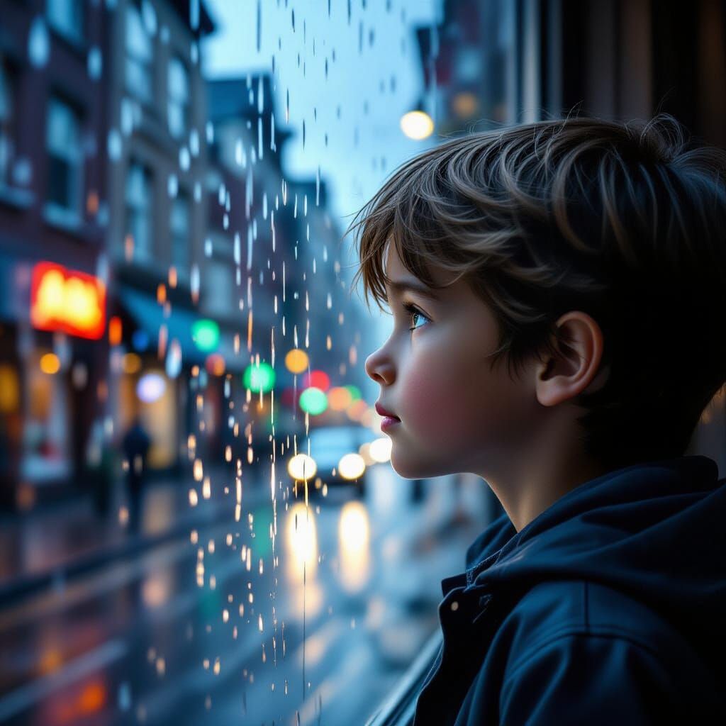 Boy Gazes at Rainy Street Window Digital Matte Painting