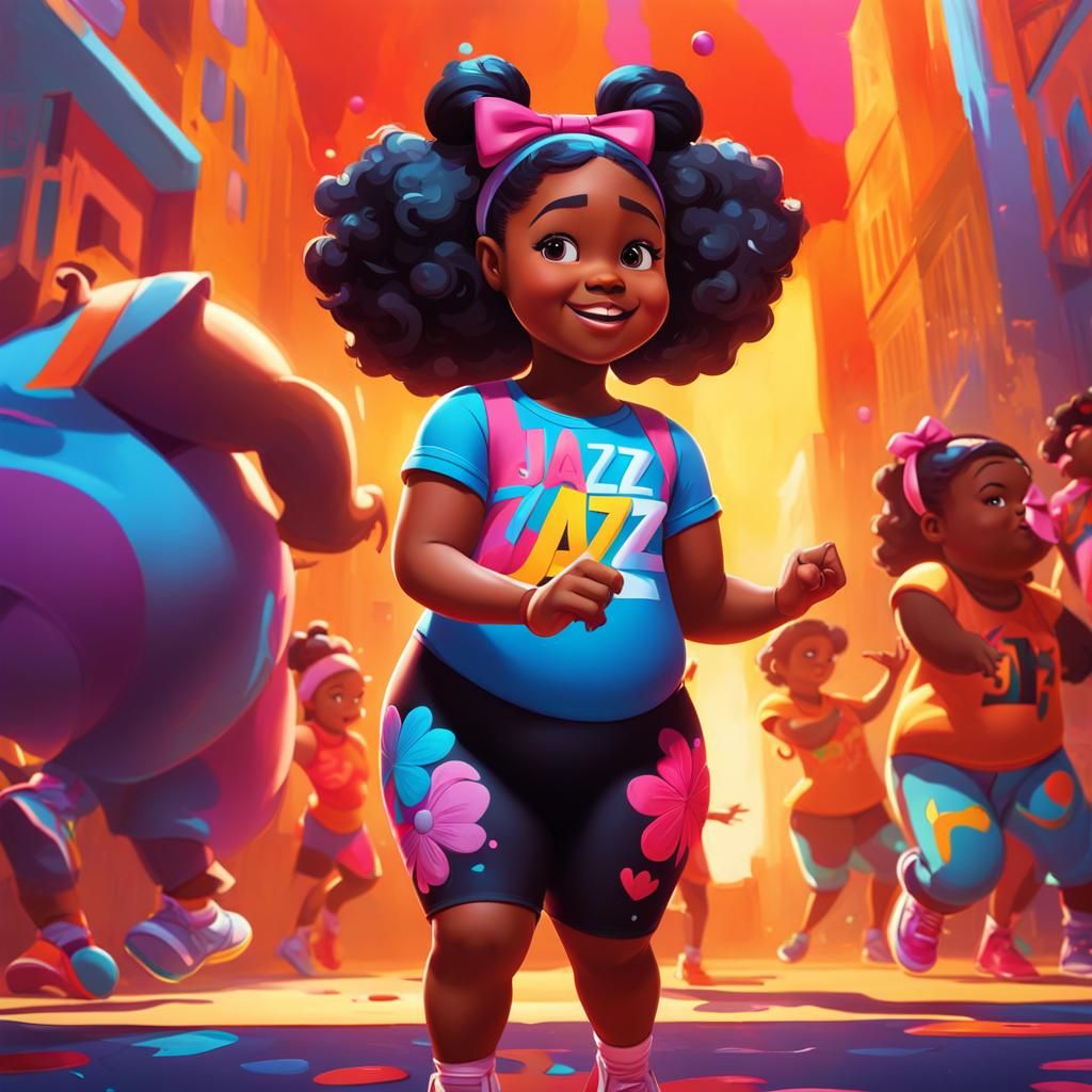 a fat little black adolescent girl taking a jazz dance class at school in a leotard. graffiti art, splash art, street art, spray paint, oil...