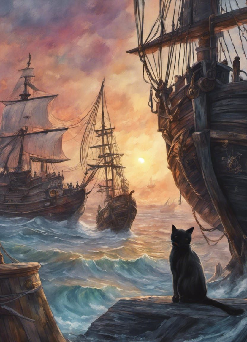 A black cat which is looking out to sea on a pirate ship wit...