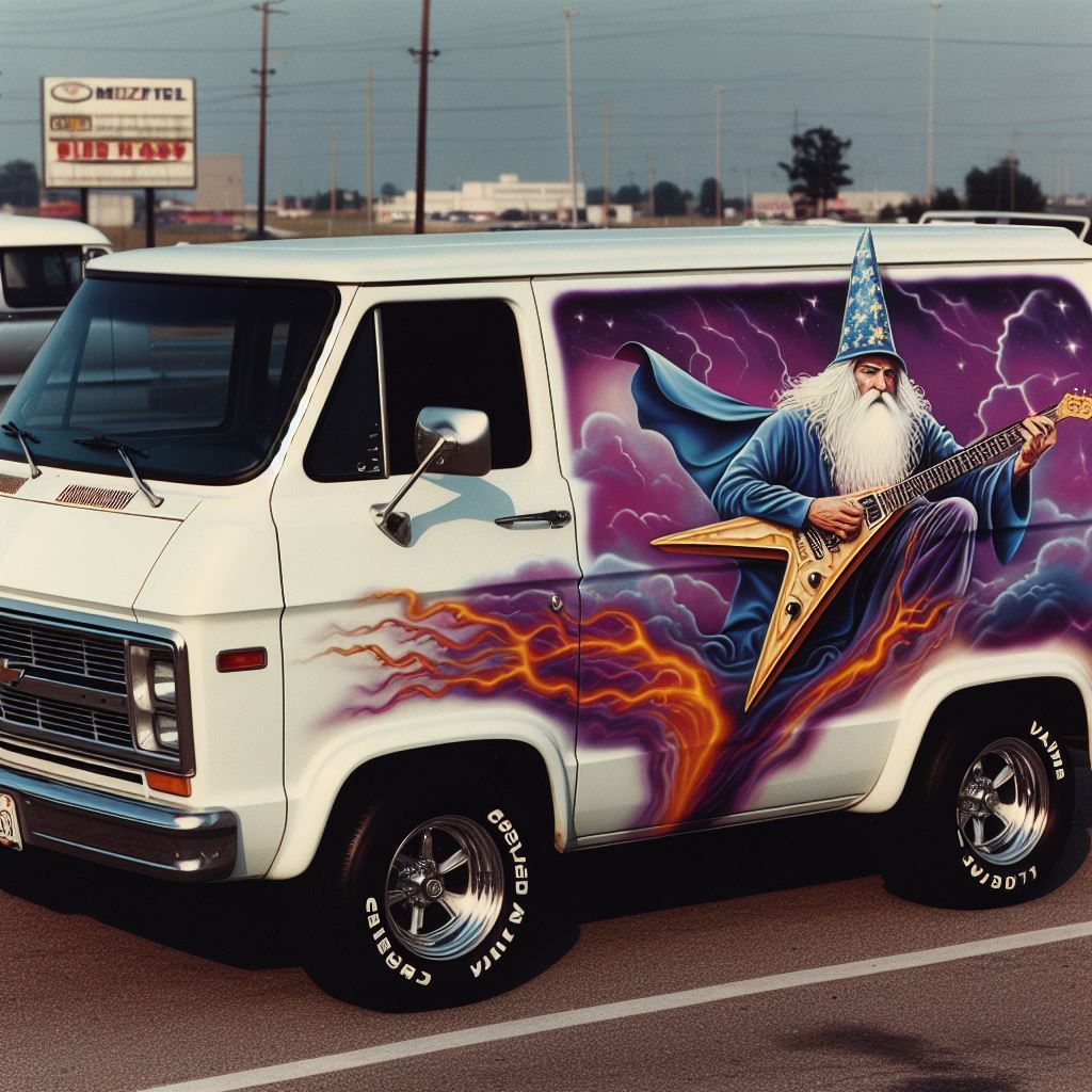 1980's Chevy Panel Van with an airbrushed wizard playing a g...
