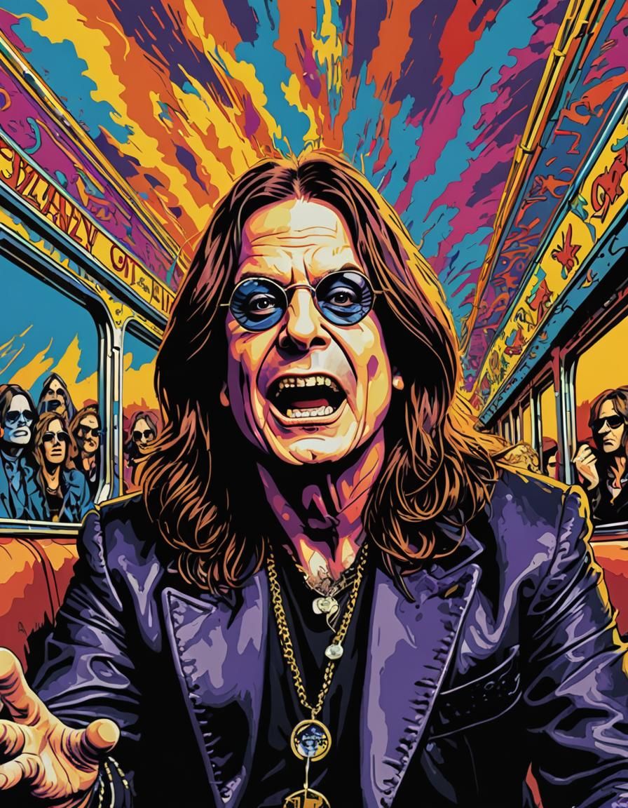 Ozzy Osbourne on the Crazy Train, pop art style poster, vibrant surreal ...