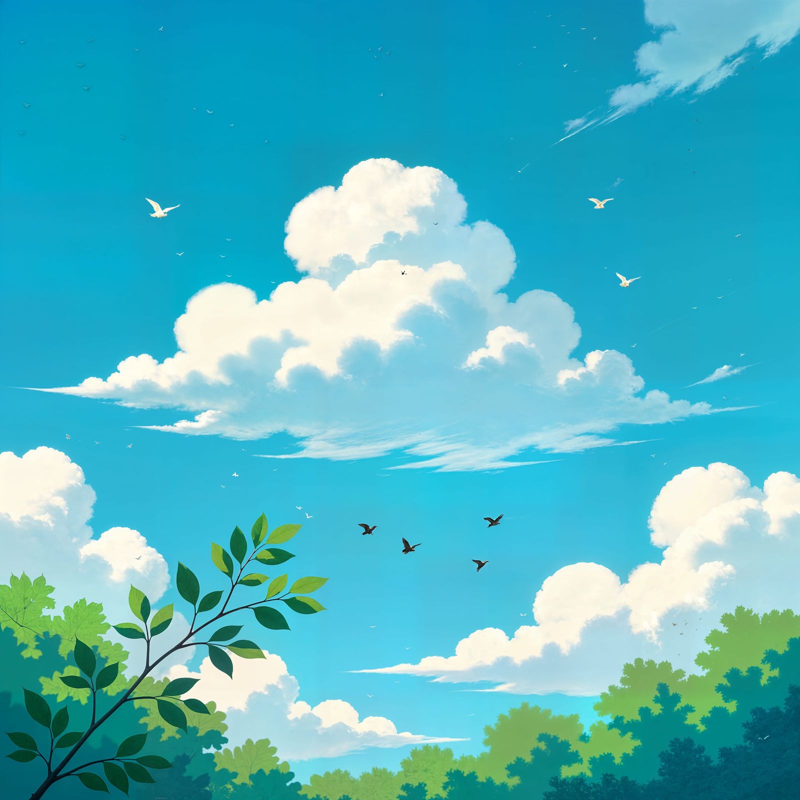 Dreamy Animated Cloudscape with Birds and Fluttering Leaves