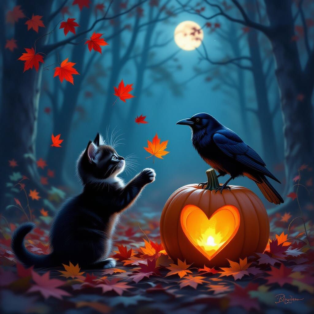 Night time, Red maple trees in a majestic forest in autumn season with leaves falling off. A Black kitten playing in red maple leaves with a...