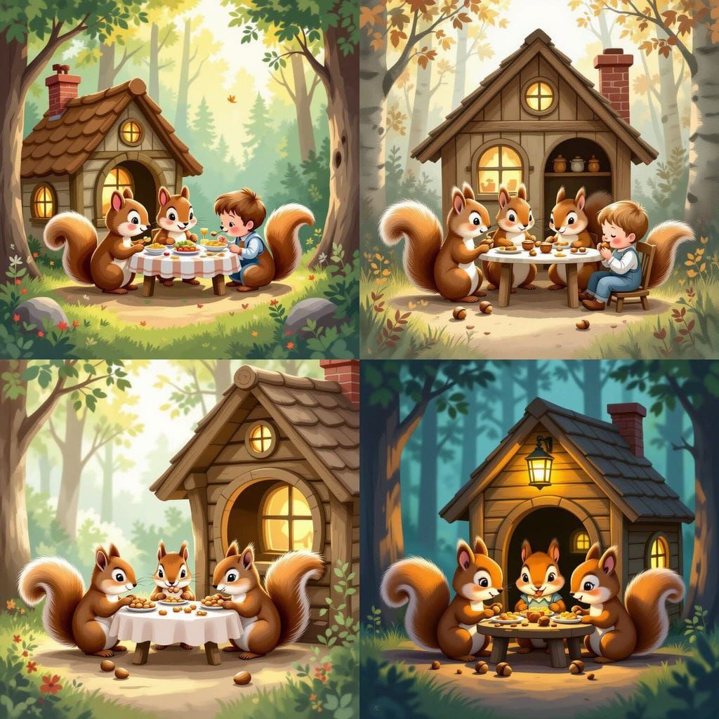 Squirrel Family Enjoying Dinner in Forest Home