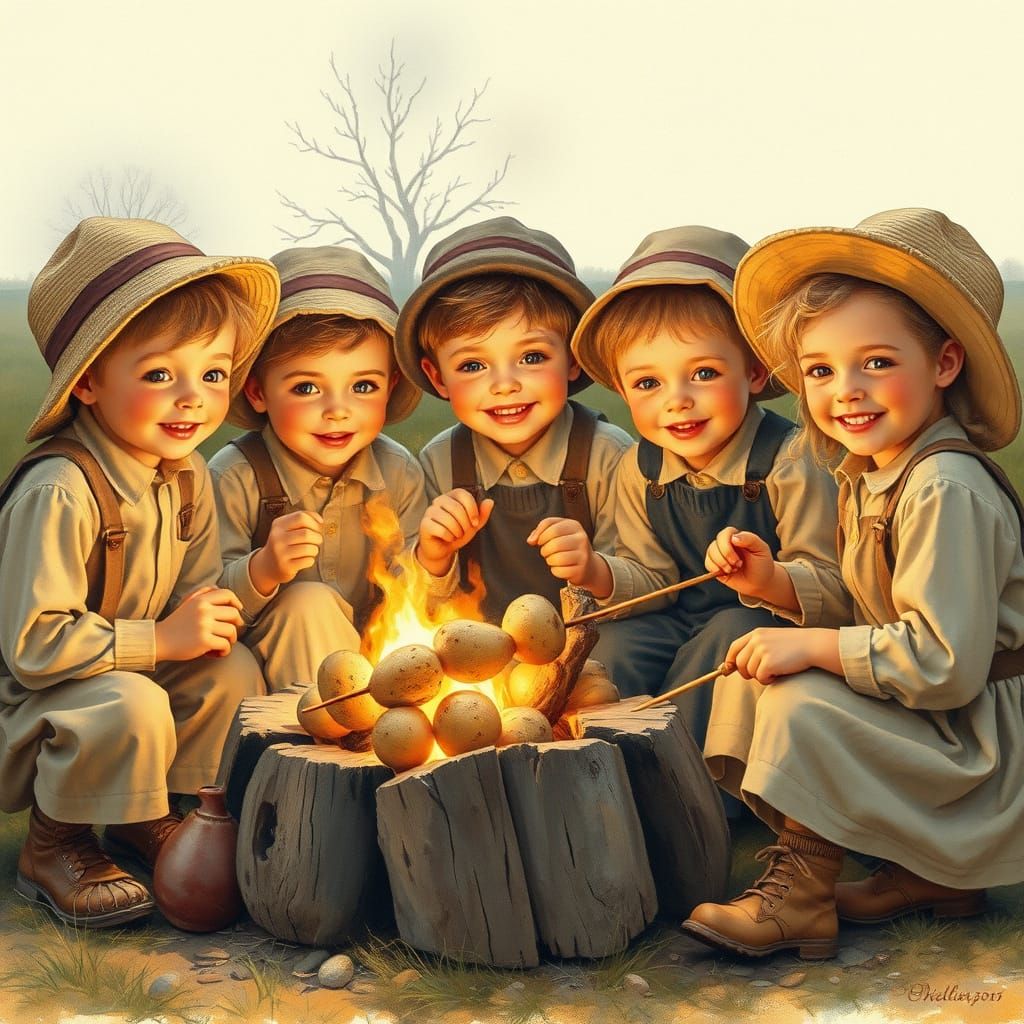 Idyllic Rural Children Gather Around a Cozy Campfire