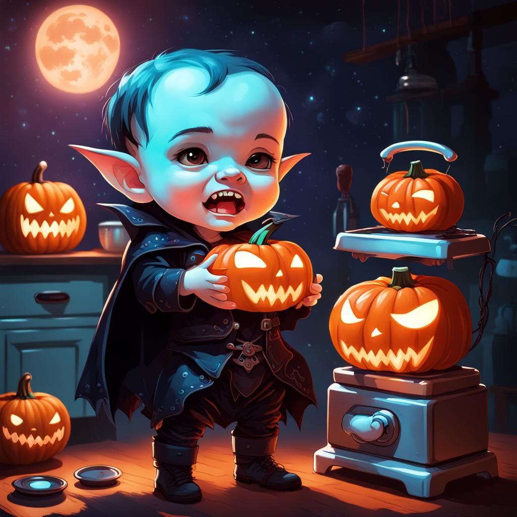 adorable cute Chibi baby Vampire with fangs holding Spooky Kitchen