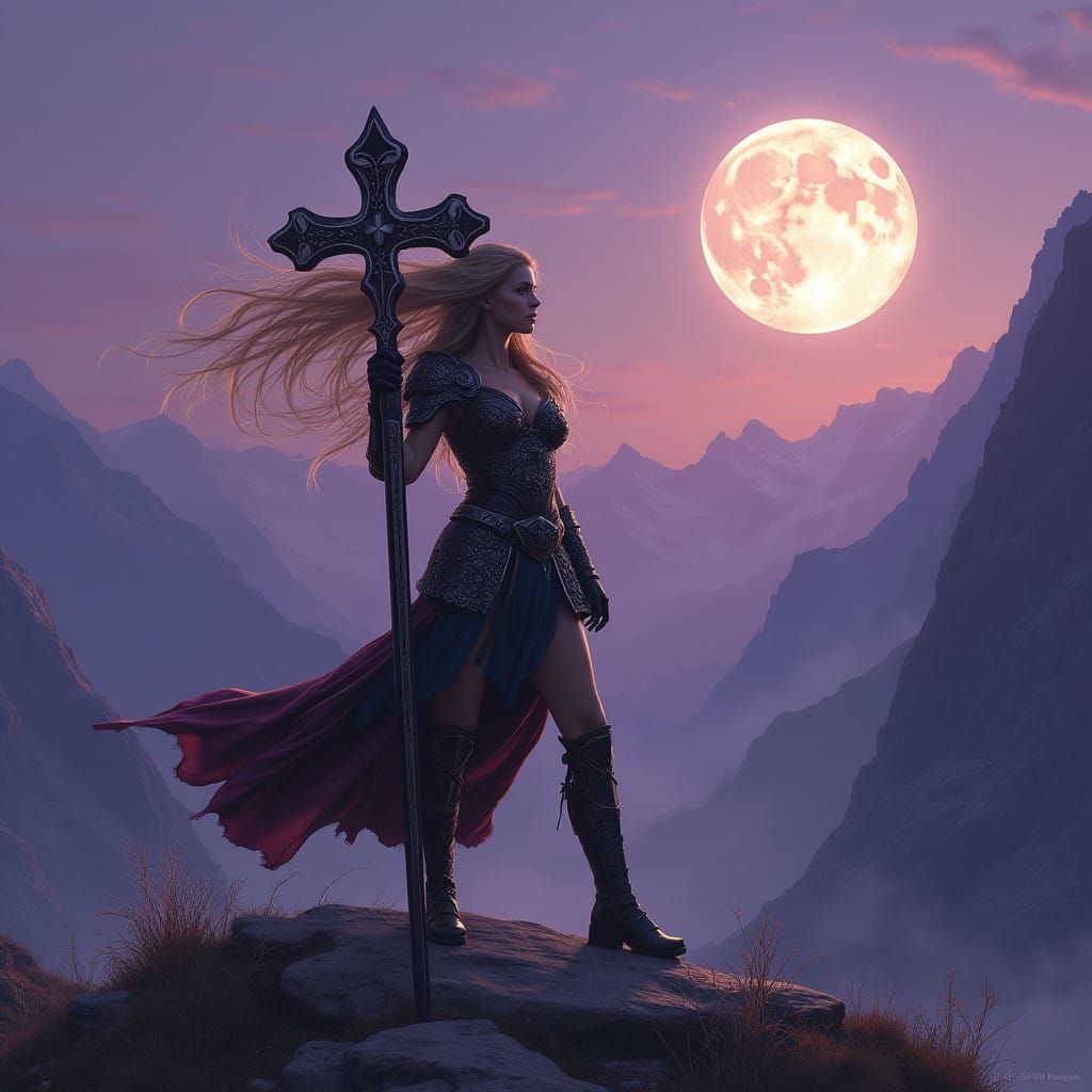 Majestic Warrior Goddess Under Luminescent Moonlight