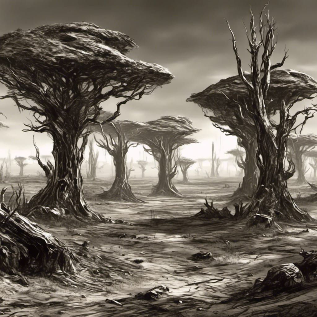  <lora:Vaporware Sci-Fi VHS:1.0>  Barren landscape, few trees standing.
