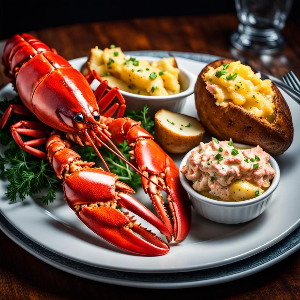 A plate of lobster and baked potato.