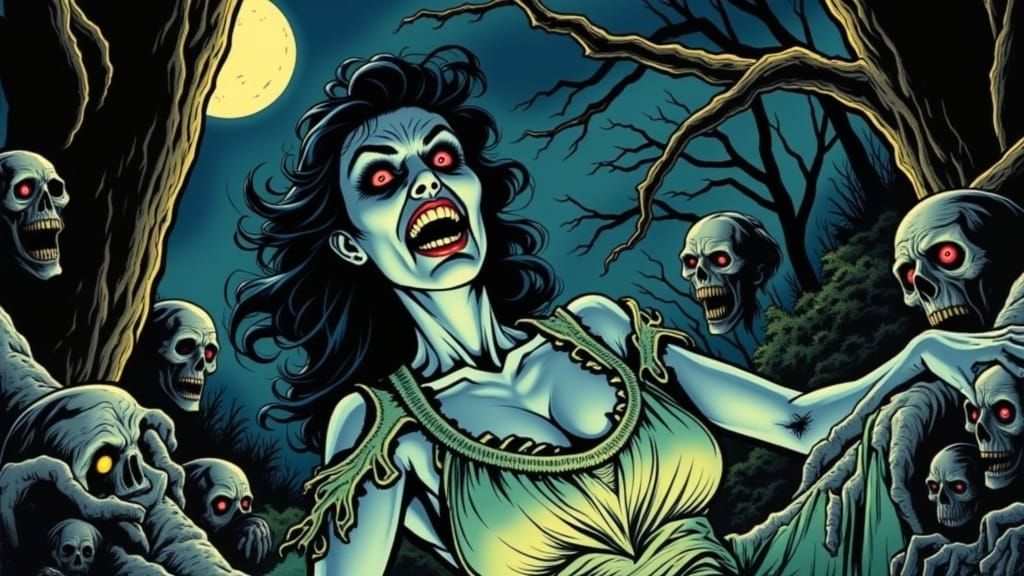 <lora:Creepshow:1.0> Old mentally insane woman in tattered nightgown, dancing joyfully in a dark, overgrown garden, surrounded by ghouls and...