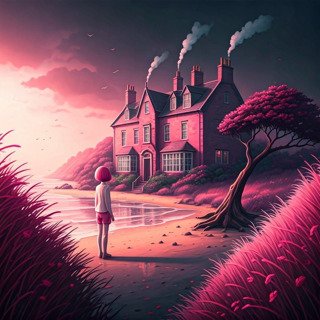 pink. Whimsical abstract surreal scene, soft and muted dark ...