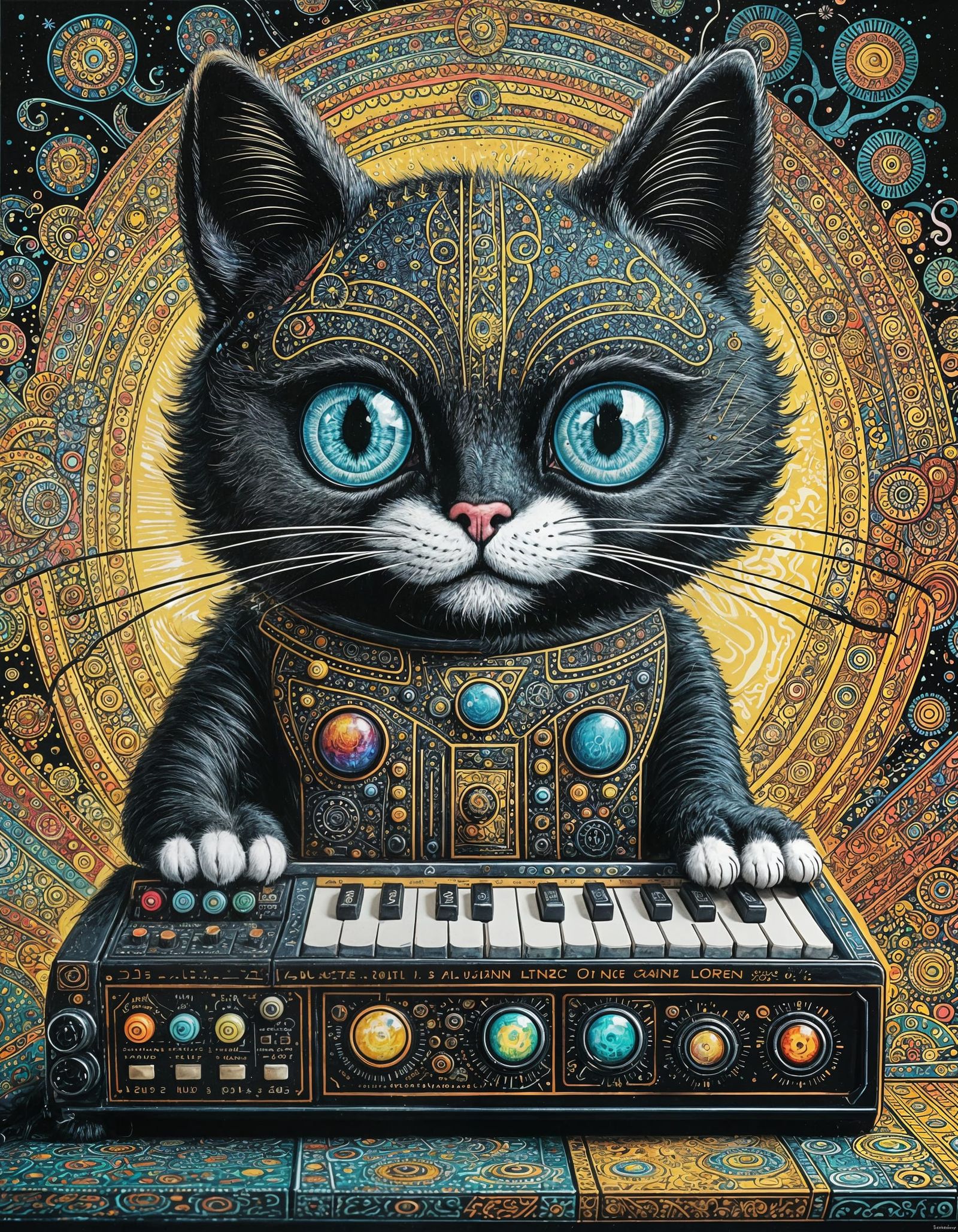 Louis Wain style black and white big eyed  cat doll plays a ...